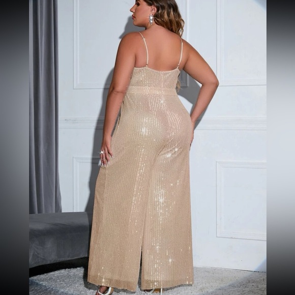 Plus Size Sequin Plunge Neckline Backless Wide Leg Pants Jumpsuit Dress - Picture 7 of 14